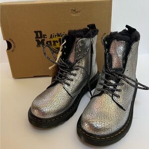 Dr. Martens Kids Iridescent Silver Lace-Up Fur Collar Combat Boots